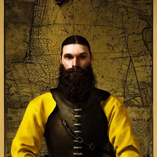 Image similar to Closeup of frustrated male medieval sergeant with a {short} beard wearing a {black!!!! and yellow tabard} over a steel breastplate and a black gambeson looking up from a map on a table, intricate, dramatic lighting illustration by Greg Rutkowski, ArtStation, digital art, fantasy