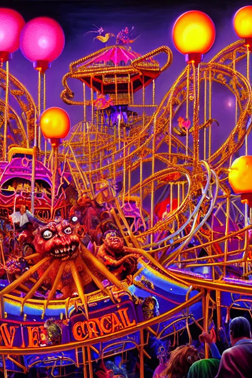 Prompt: a hyperrealistic detailed painting of an ornate evil carnival in town with rides, glowing lights, colorful, chimeric horror creatures riding a rollercoaster. cinematic lighting, depth perspective, depth of field, by chris cunningham and richard corben, highly detailed, vivid color,