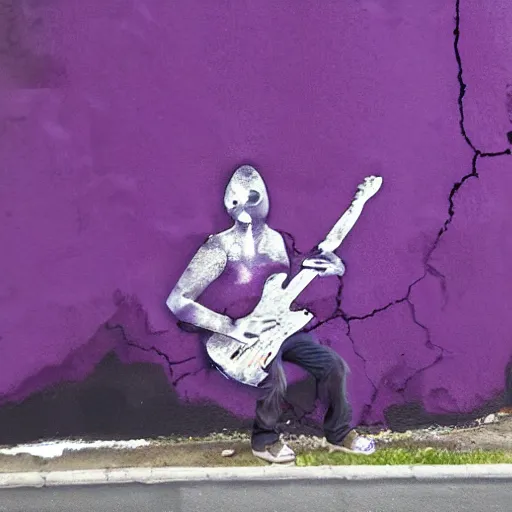 Image similar to dripping purple faded paint across the shape of a human playing guitar, realistic, extremely detailed, coming out of the building