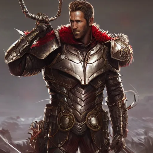 Prompt: ryan reynolds wearing paladin armor leans against magical tree romance novel fantasy artwork epic detailed and intricate digital photo trending on artstation by wlop octane render