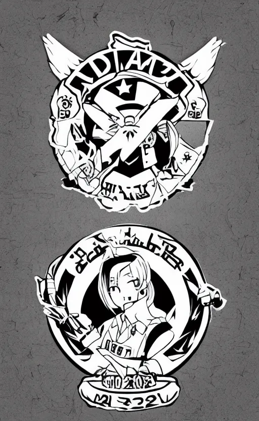 Prompt: patch design, soldier girl, 2022 anime style, clean logo, tattoo graphics, flight squadron insignia, soldier clothing, realistic military gear, inspired by shirt designer, draw with wacom tablet, round elements, vector line art, by shibafu, trending on pixiv, symbology, realistic human anatomy, high resolution, matte, empty hands, realistic military carrier