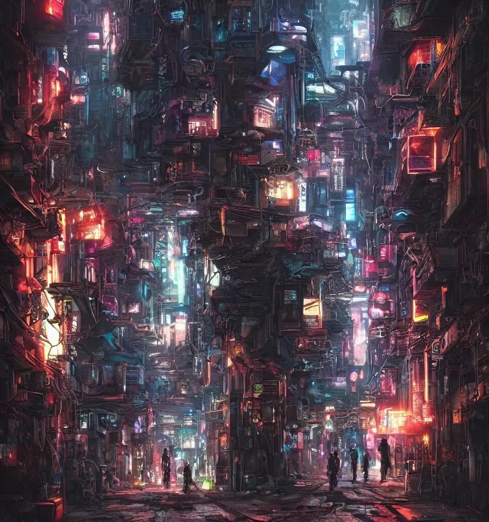 Image similar to back alley road in a cyberpunk metropolis, cinematic, highly detailed, octane render, rich cinematic atmosphere, perfect digital art, mystical journey in strange world, cyberpunk, sci - fi, surreal, glowing lights, sharp focus, high detailed, by akihiko yoshida, michael whelan and karol bak