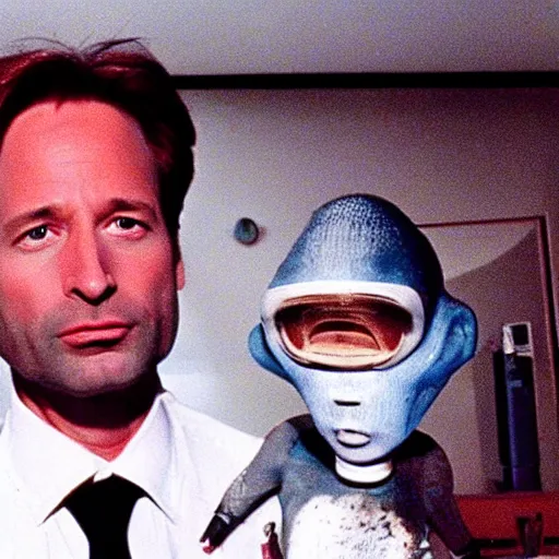 Prompt: fox mulder posing with an extraterrestrial found footage - n 7