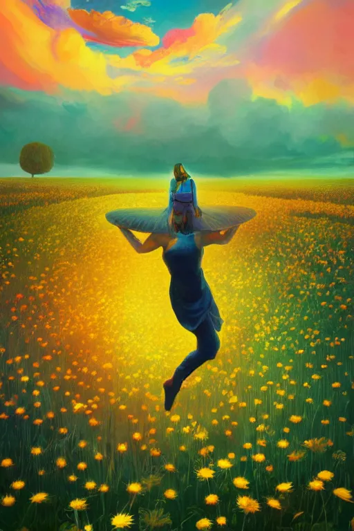 Image similar to giant daisy flower as head, girl dancing in a flower field, surreal photography, sunrise, dramatic light, impressionist painting, colorful clouds, digital painting, artstation, simon stalenhag