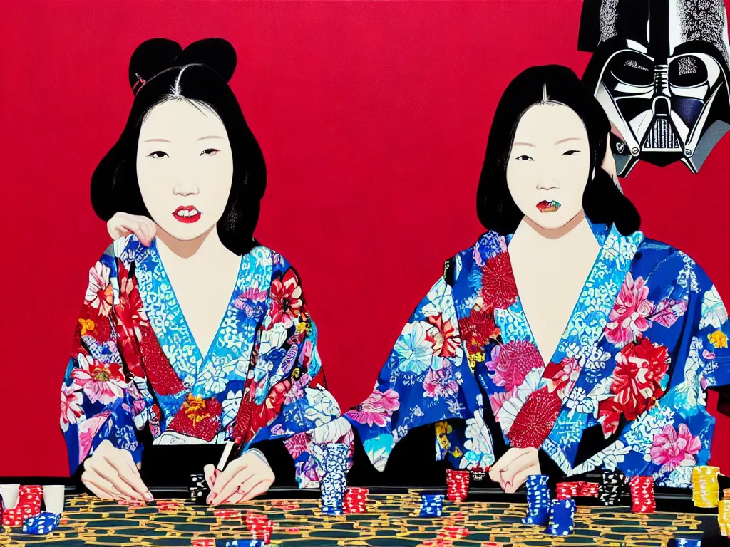 Image similar to hyperrealism composition of the detailed woman in a japanese kimono sitting at an extremely detailed poker table with darth vader, fireworks on the background, pop - art style, jacky tsai style, andy warhol style, acrylic on canvas