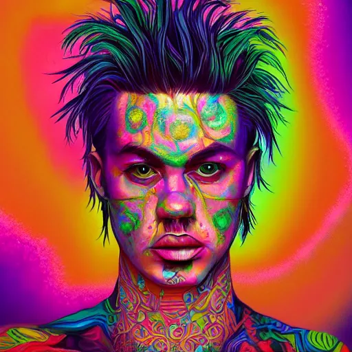 Image similar to ! dream an extremely psychedelic portrait of yungblud, surreal, lsd, face, detailed, intricate, elegant, lithe, highly detailed, digital painting, artstation, concept art, smooth, sharp focus, illustration,