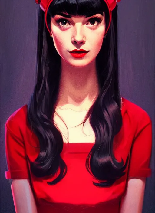 Image similar to portrait of veronica lodge with bangs, 1 9 6 0 s, long hair, red clothes, bangs, intricate, elegant, glowing lights, highly detailed, digital painting, artstation, concept art, smooth, sharp focus, illustration, art by wlop, mars ravelo and greg rutkowski