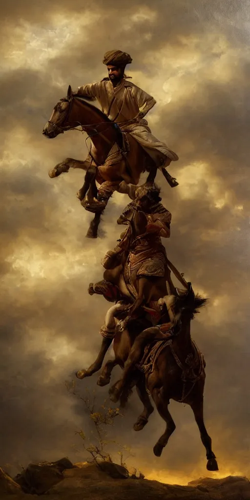 Image similar to Highly detailed and cinematic romantic period oil painting of an Arabian prince riding a rearing horse, beautifully lit and atmospheric, an oil painting masterpiece by Josep Tapiró Baró, RPG portrait, dynamic lighting, 8K