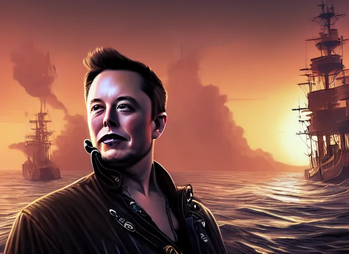 Image similar to highly detailed portrait of Elon Musk as a dread pirate captain, proudly posing at the helm of his frigate wearing a pirate hat, full body, sinking smoking ship in the background at sunset, artstation, cinematic lighting, hyperdetailed, cgsociety, 8k, high resolution, insanely detailed and intricate, concept art, smooth, sharp focus, illustration, art by John Collier and Albert Aublet and Krenz Cushart and Artem Demura and Alphonse Mucha