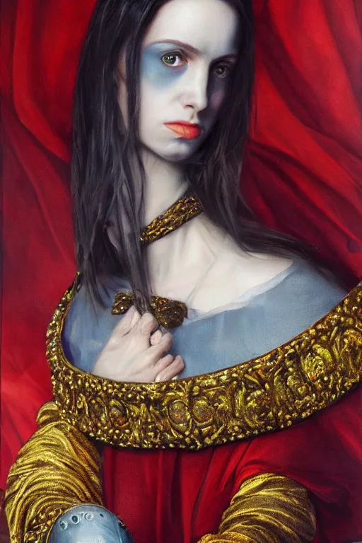 Image similar to hyperrealism oil painting, close - up portrait of european medieval brunette vampire fashion model, knight, steel gradient mixed with nebula sky, in style of baroque