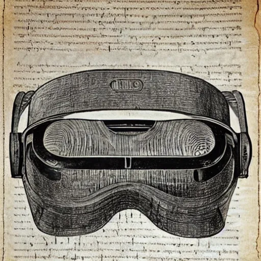 Image similar to Vintage, detailed, sketch of Oculus Rift, with full descriptions, on parchment, as depicted in Leonardo da Vinci's Codex Atlanticus