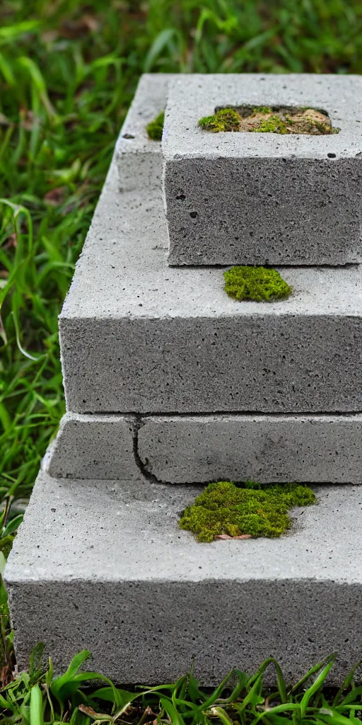 Image similar to a cast block of concrete. The block is centered in the frame and on a white background. The block is highly eroded. Moss is growing in the eroded crevices.