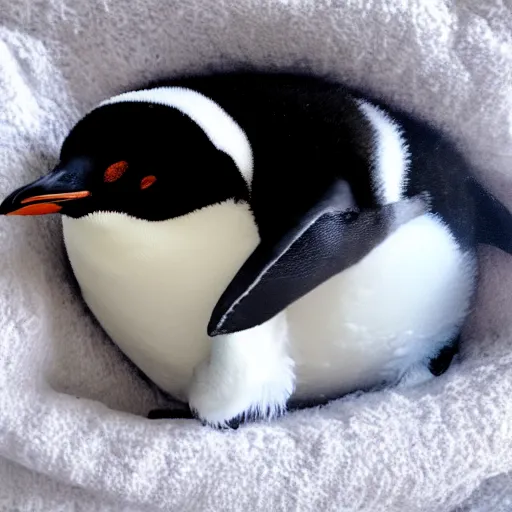 Prompt: baby penguin cuddling in a cosy bed