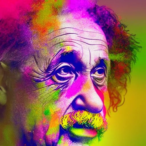 Prompt: portrait photo of Albert Einstein with colourful Holi powder in his hair, studio light