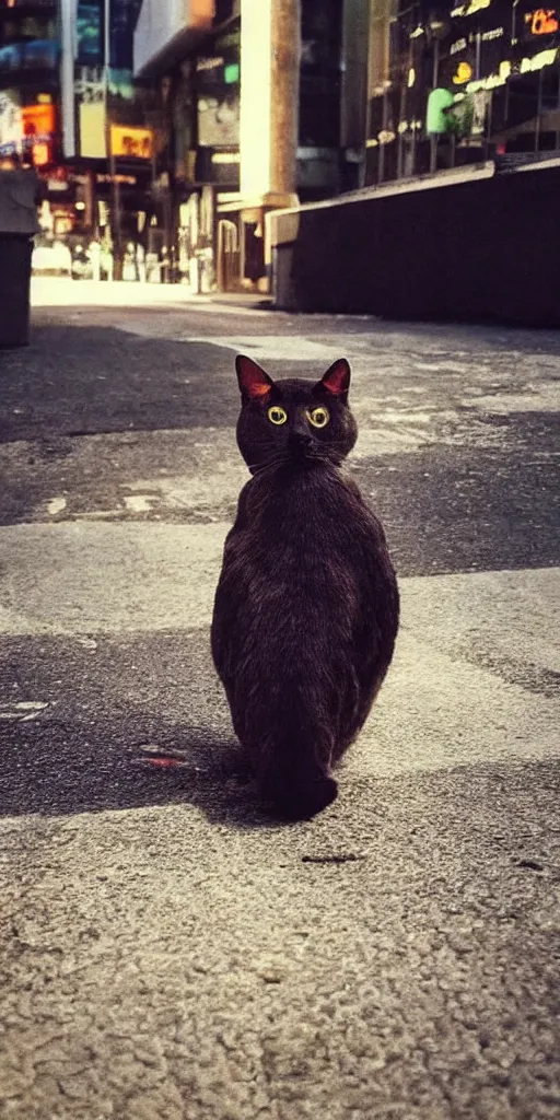 Prompt: “beautiful up close photo of a cat staring toward camera while sitting in the streets of night city’s corpo plaza, cyberpunk 2077”