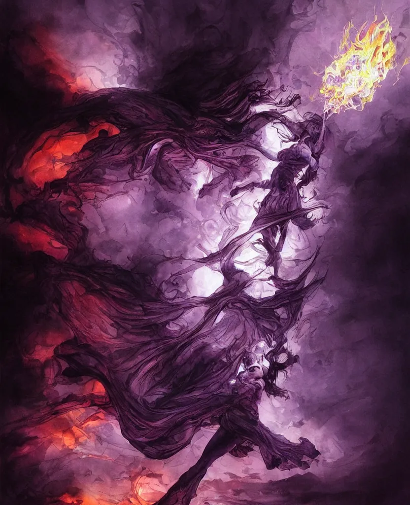 Image similar to a painting small girl with purple fire in his hands fighting a giant, dark colors, sinister atmosphere, dramatic lighting, cinematic, establishing shot, extremely high detail, photo realistic, cinematic lighting, pen and ink, intricate line drawings, by Yoshitaka Amano, Ruan Jia, Kentaro Miura, Artgerm, post processed, concept art, artstation, matte painting, style by eddie mendoza, raphael lacoste, alex ross,