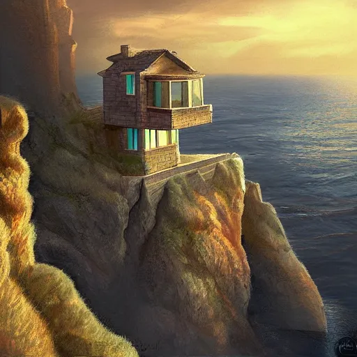 Image similar to sci fi house on a cliff above the coast, digital painting by Angrymikko, warm lighting, concept art