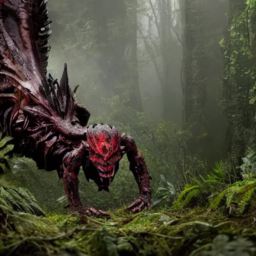 Image similar to High Fantasy Predator from the movie Predator in the forest plains of north yorkshire, 4k