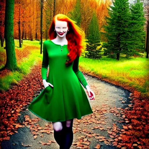 Image similar to redhead women in a green dress, with pockets, photorealistic, saturated colors, winter scenario