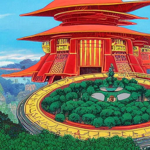 Prompt: a painting of a huge city with a circular bridge around a big red mansion and a huge world tree at the top of a mountain by hayao miyazaki