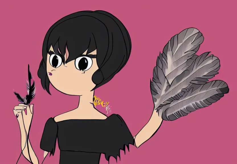 Prompt: beautiful little girl with a short black haircut wearing a dress made of black feathers, artwork in steven universe art style, anatomically perfect