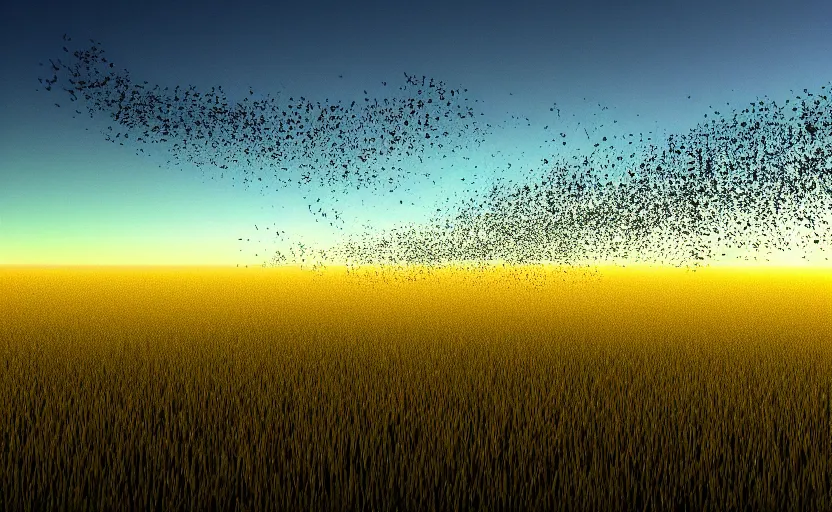 Prompt: black liquid blobs flying through a grass field, dusk, sunrise, 2003 still from pixar, 4k, high quality wallpaper