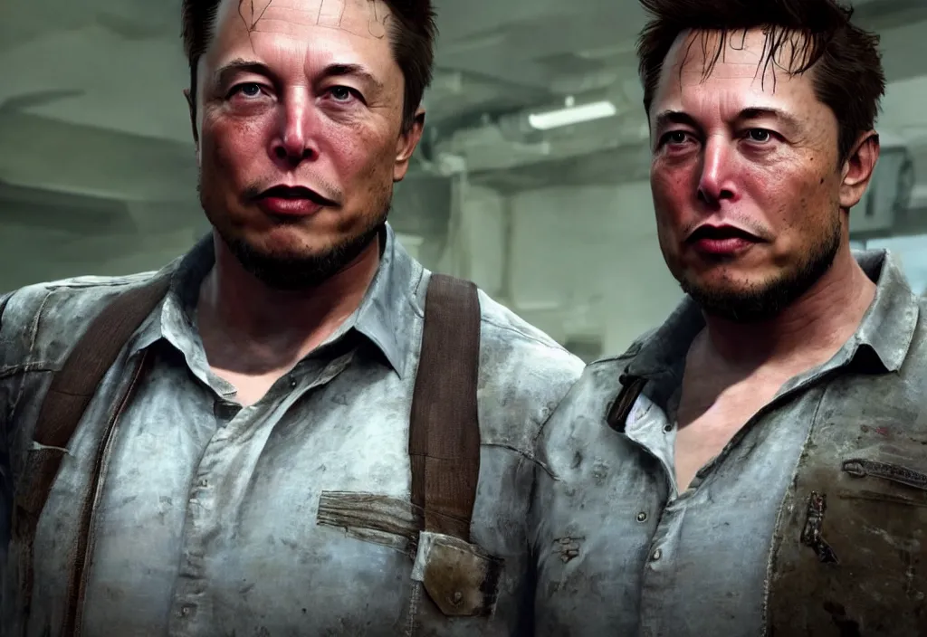 Image similar to elon musk in the video game in the last of us, gameplay screenshot, close up, 3 d rendering. unreal engine. amazing likeness. very detailed.