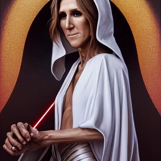 Image similar to perfectly - centered - portrait of celine dion wearing white cloak holding light saber, intricate, highly detailed, digital painting, artstation, concept art, smooth, sharp focus, illustration, unreal engine 5, 8 k, art by artgerm and greg rutkowski and alphonse mucha