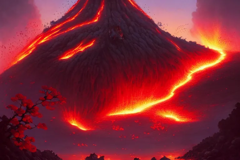 Image similar to lava, volcano eruption, cherry blossoms, unreal engine, fantasy art by greg rutkowski, loish, rhads, ferdinand knab, makoto shinkai and lois van baarle, ilya kuvshinov, rossdraws, tom bagshaw, global illumination, radiant light, detailed and intricate environment