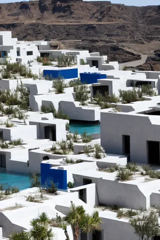 Image similar to habitat 6 7, white lego terraced architecture hotel in the dessert, many plants and infinite pool