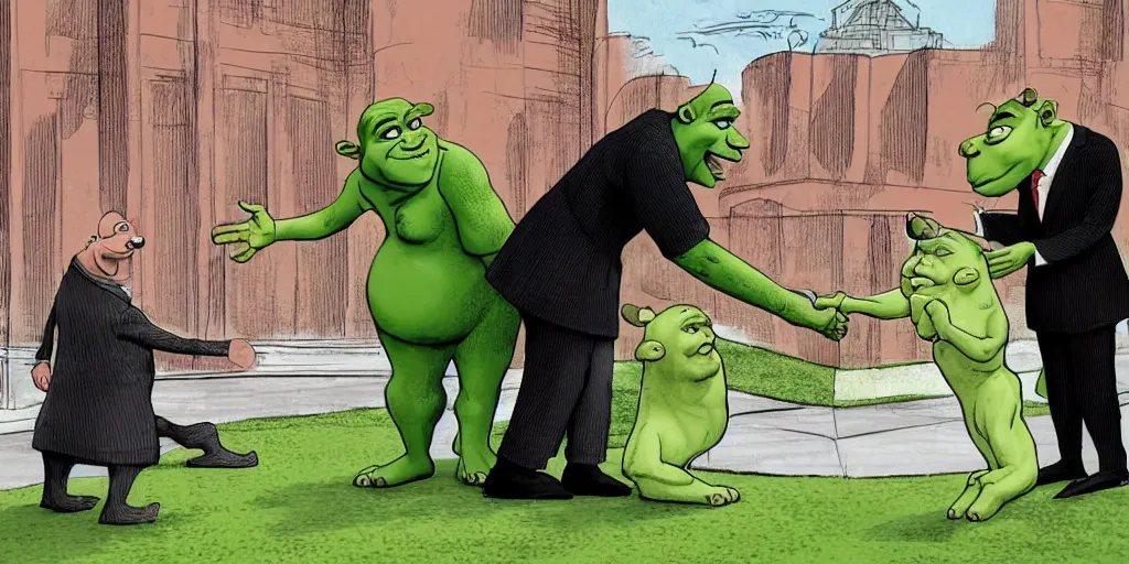 Image similar to An artists impression of a handshake between barrack obama and shrek outside the white house