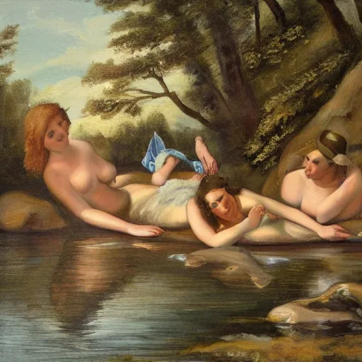 Prompt: The painting depicts four bathers in a stream or river, with two men and two women. The bathers are shown in different positions, with one woman lying down and the other three standing. The painting has a very naturalistic style, with trademark use of bold colors and brushstrokes. The overall effect is one of a peaceful scene, with the bathers enjoying the refreshing water. volumetric lighting, viridian by Kevin Sloan, by Alan Lee Trending on artstation, postprocessing