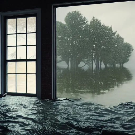 Image similar to realistic extremely detailed photo real portrait of a flood, dusk, elegant, moody muted colors, gregory crewdson, leibovitz, octane render, 4 k