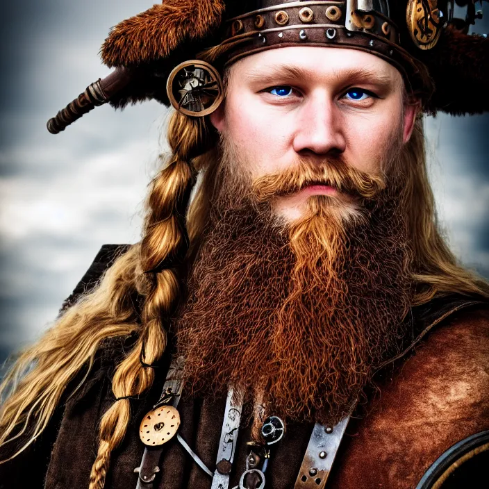 Image similar to portrait full shot photograph of a real-life steampunk viking, Extremely detailed. 8k