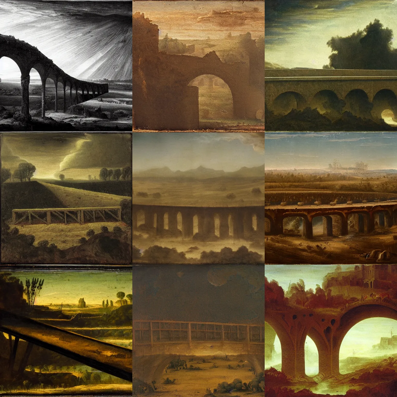 Prompt: rotting bridge disappearing into infinite haze field, encircling terrestrial realms, renaissance chiaroscuro painting