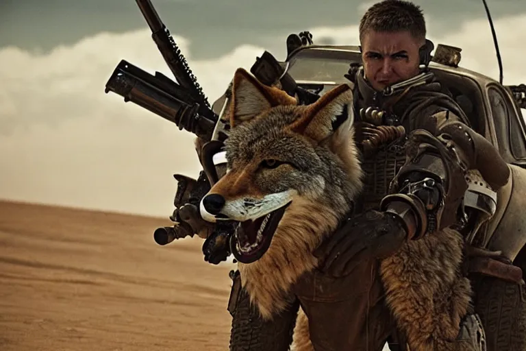 Image similar to a good ol'coyote fursona ( from the furry fandom ), heavily armed and armored facing down armageddon in a dark and gritty version from the makers of mad max : fury road. witness me.