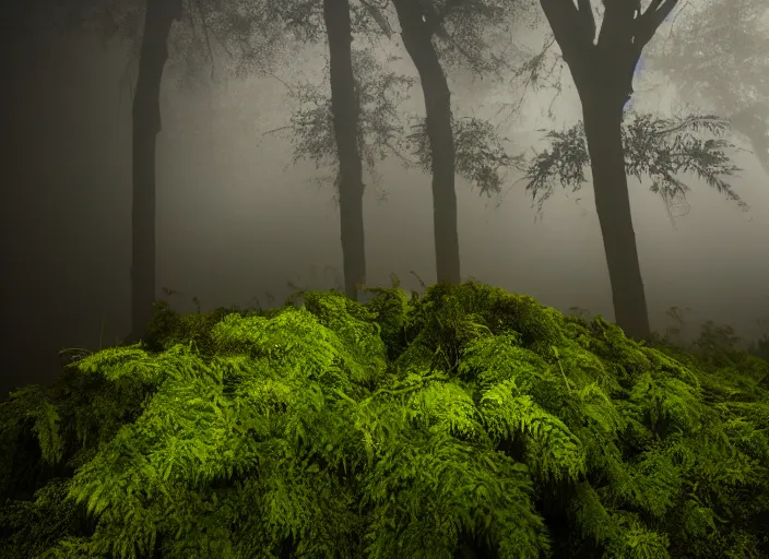 Image similar to professional wildlife photograph of a black lion standing in a foggy misty black dark jungle at night, surrounded by dense dark trees at night, moss, ferns, cinematic lighting, apex predator, natgeo