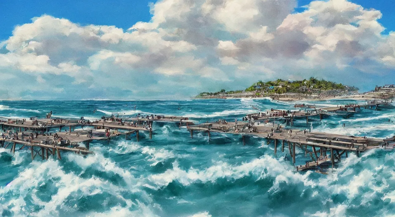 Image similar to ocean side beach blue sky clouds waves water pier dock beautiful artstation 4 k breathtaking illustration cartoon by jack kirby artstation concept art matte painting