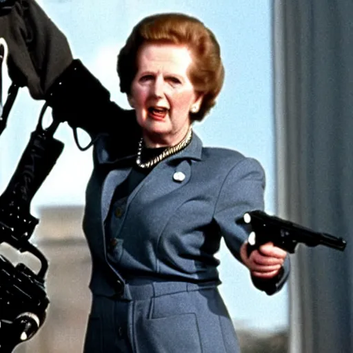 Prompt: A still of Margaret Thatcher as the Terminator in The Terminator (1984)