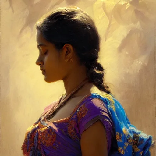 Image similar to detailed portrait of sri lankan girl, girl graceful, eyes closed, painting by gaston bussiere, craig mullins, j. c. leyendecker