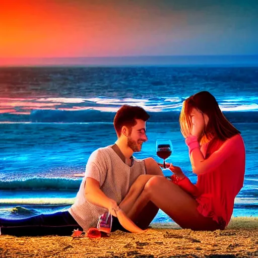 Prompt: one young man and one young woman drinking wine on a beach at sunset, beautiful colors, amazing landscape, digital art