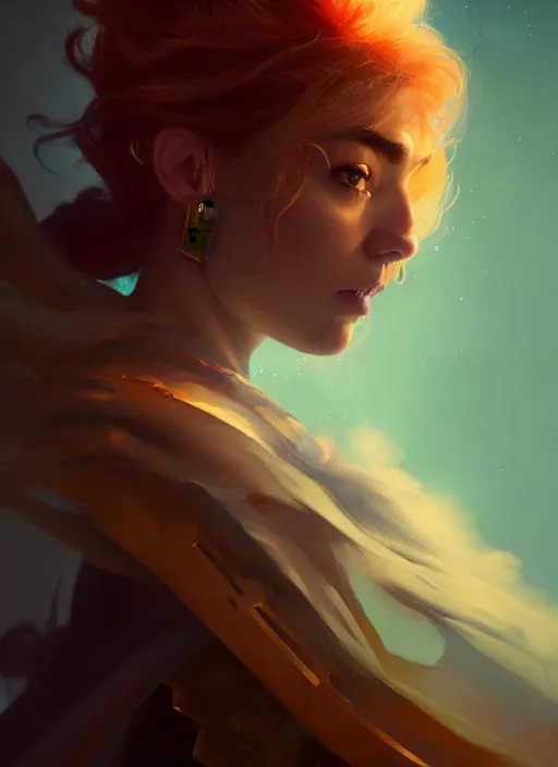 Image similar to side portrait, imogen poots, paladin, fantasy, gloomhaven, luminescent, organic painting, matte painting, bold shapes, hard edges, gaudy colors, octane render, unreal engine, by greg manchess, huang guangjian, gil elvgren, greg rutkowski, jesper ejsing