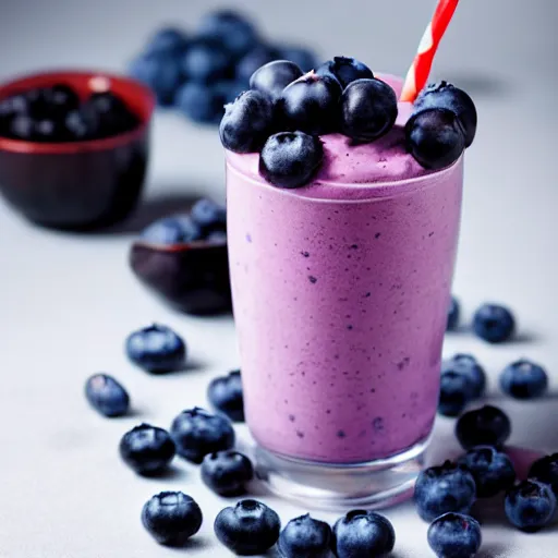 Image similar to delicious looking blueberry milkshake, blueberries on the side, 8 k resolution, professional food photography, studio lighting, sharp focus, center frame, hyper - detailed