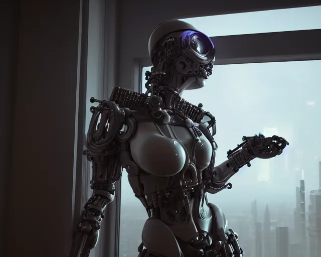 Image similar to portrait of an armored female with biomechanical cybernetic body who is drinking coffee near a window looking outside with dystopian city visible outside. very detailed 8 k. cyberpunk fantasy style. unreal engine render. global illumination. nanite. rtx. path tracing.