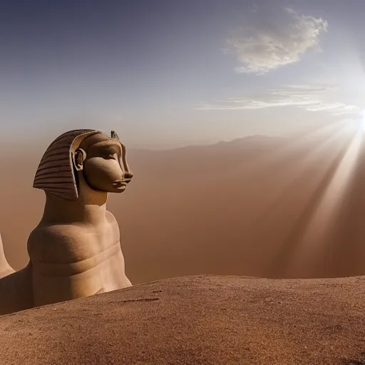 Image similar to wide angle shot of two sphinxes, one on each side, looking down on an adventurer, dusty desert, dramatic light, god rays, dreamlike