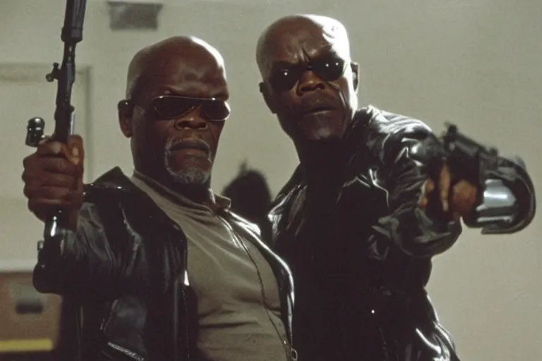 Prompt: Samuel L. Jackson plays Terminator and saves pikachu, scene from the film