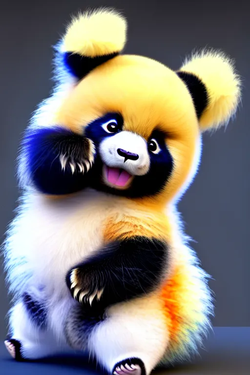 Image similar to high quality 3 d render hyperrealist very cute multicolor stripped fluffy! phoenix panda hybrid with wings!!!, highly detailed, vray smooth, in the style of detective pikachu, hannah yata charlie immer, dramatic blue light, low angle, uhd 8 k, sharp focus