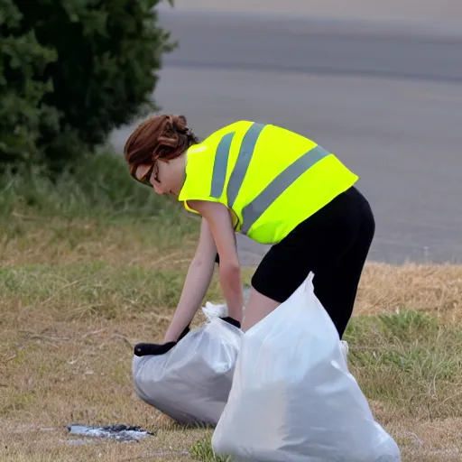 Image similar to emma watson in a hi vis vest picking up trash on the side of the interstate. 2 0 0 mm zoom, humidity haze, midday sun,