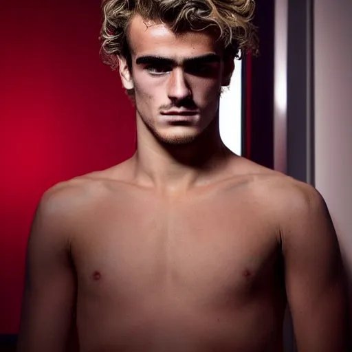 Image similar to a realistic detailed photo of a guy who is an attractive humanoid who is half robot and half humanoid, who is a male android, soccer player antoine griezmann, shiny skin, posing like a statue, blank stare, in a living room, on display, showing off his muscles
