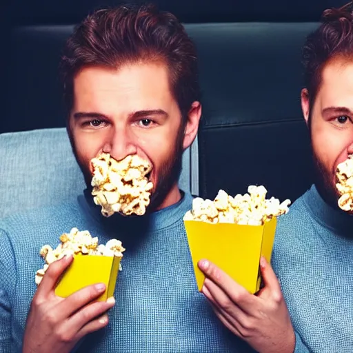 Prompt: hyper realistic, two headed human eating popcorn at the cinema